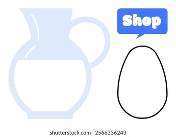 Large pitcher and abstract egg shape alongside a blue speech bubble with the word Shop, Ideal for stores marketing home decor kitchenware online shopping and advertising Themes of simplicity