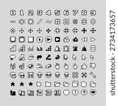 Large pixel icon set with numbers, symbols, arrows, cursors, hands, skulls, folders, UI controls and interface elements. Retro monochrome pixel art collection for games, menus, HUD, apps.