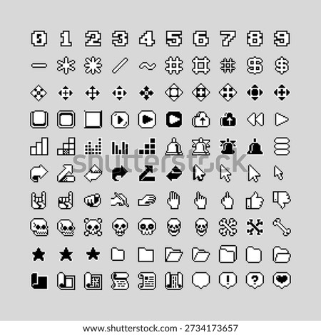 Large pixel icon set with numbers, symbols, arrows, cursors, hands, skulls, folders, UI controls and interface elements. Retro monochrome pixel art collection for games, menus, HUD, apps.