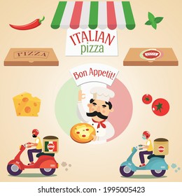 Large pizza set - chef, pizza, pizza box, pizza delivery by scooter, cheese, basil, tomatoes and red chili pepper.