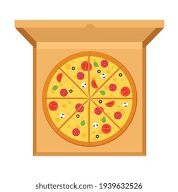 Large pizza with tomatoes, cheese, mushrooms, olives, sausage, basil in open cardboard box on white background. 
