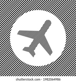 A large plane symbol in the center as a hatch of black lines on a white circle. Interlaced effect. Seamless pattern with striped black and white diagonal slanted lines