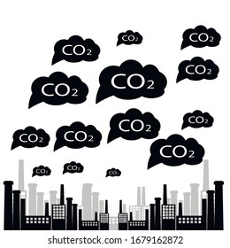 Large plant CO2 emissions vector illustration, flat cartoon city scene and carbon dioxide emissions or pollution clouds in the city. Smoke or smog, ecology problem.