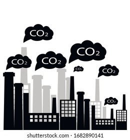Large plant CO2 emissions vector illustration, flat cartoon city scene and carbon dioxide emissions or pollution clouds in the city. Smoke or smog, ecology problem.