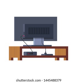 Large Plasma TV Stands on a Wooden Stand. Unpacked Package from Online Store. Purchase. Computer Monitor, IPS Matrix, High Resolution, Digital Tuner.