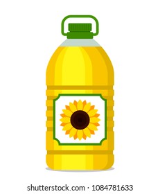 A large plastic bottle of sunflower oil with an emblem. flat vector illustration isolated on white background