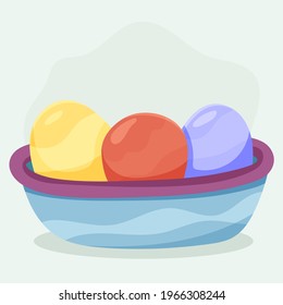 A large plate of colored eggs. Religious holiday.