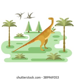 Large Plateosaurus. Prehistoric herbivore dinosaur with pristine landscape. Extinct animal. Small location useful for map or game. Flat vector illustration.