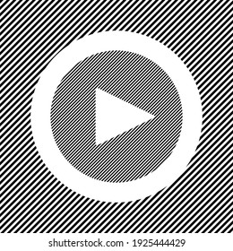 A large play symbol in the center as a hatch of black lines on a white circle. Interlaced effect. Seamless pattern with striped black and white diagonal slanted lines
