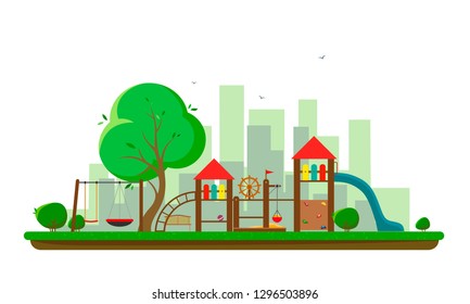 Large playground with a silhouette of the city and birds. Vector illustration of a flat style.