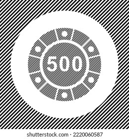A large poker chip symbol in the center as a hatch of black lines on a white circle. Interlaced effect. Seamless pattern with striped black and white diagonal slanted lines