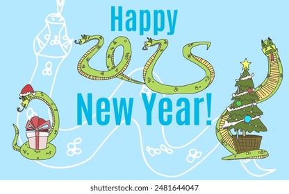 gran cartel con serpientes sobre un fondo azul con caracteres de garabato. Vector Imagen de stock