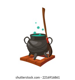 Large pot with boiling potion vector illustration. Cute objects for wizard school. Magic, fairy tale, Halloween concept