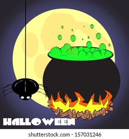 large pot with a spider haunted potion sagging, and the full moon background .