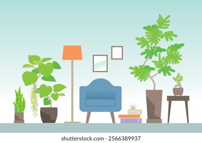 A large potted plant and a single-seater sofa, the interior of a room surrounded by greenery