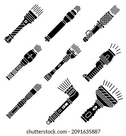 A large powerful flashlight. Portable stand-alone flashlight for long work. Night light, search in the dark.Camping, hiking, traveling. Icon set, vector, glyph, isolated