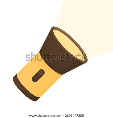 Large powerful flashlight shines with warm light in cartoon style on white background isolated. Hand flashlight in yellow color. Light source