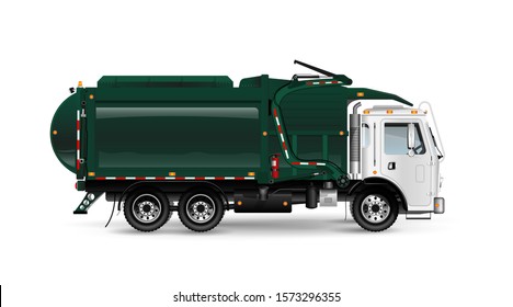 Large and powerful garbage truck in dark green. Frontal loading of containers. For an article about cleaning up or removing trash. On white background