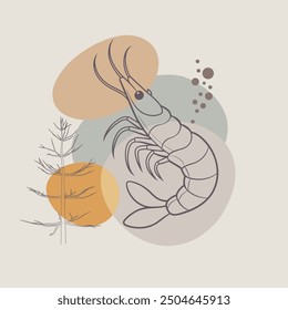 Large prawn shrimp, drawn by graphic lines on a blobs background. Element for a menu of fish restaurants, for packaging in markets and in stores. Healthy seafood concept