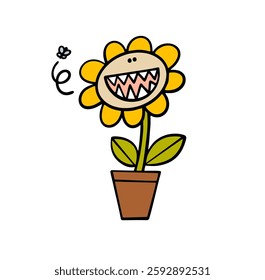 Large predatory flower in a ceramic pot looks at a fly. Vector illustration of a plant with sharp teeth catching bugs for lunch. Isolated funny character on white background.