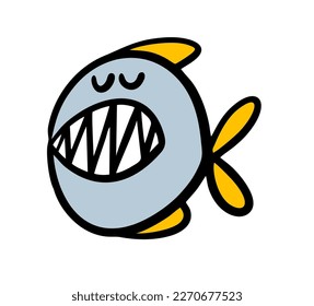 A large predatory piranha fish from the Amazon River gleefully grins its teeth. Vector illustration of water animal in hand drawn cartoon style.