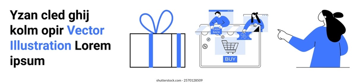 A large present, a computer screen with people using online shopping cart, and a person pointing. Ideal for online shopping, e-commerce, customer service, digital transactions, marketing. Banner
