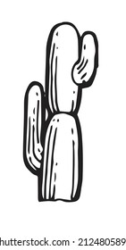 Large prickly cactus. An exotic southern plant from the desert. Outline sketch. Hand drawing is isolated on a white background. Vector.