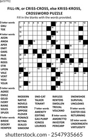 Grande impressão criss-coss (ou preencher, senão kriss-kross) jogo de palavras cruzadas de grade de estilo americano 15x15. Não temático, conhecimento geral familiar conteúdo.
