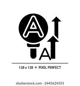 Large print for visually impaired black glyph icon. Magnifying aid. Physiotherapy treatment. Injury recovery. Silhouette symbol on white space. Solid pictogram. Vector isolated illustration