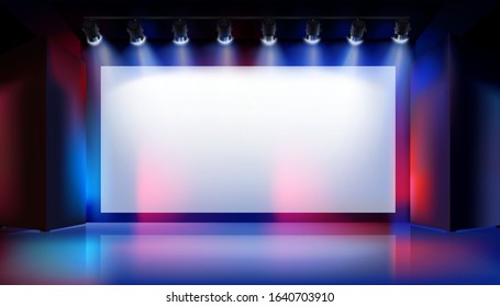 Large Projection Screen On The Stage. Show In Art Gallery. Free Space For Advertising. Colorful Background. Vector Illustration.