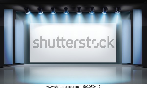 Large projection screen\
on stage. Art gallery. Free space for advertising. Vector\
illustration.