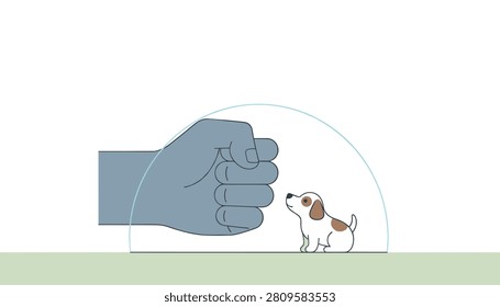 Large protective human fist creating a glass dome shield over a small vulnerable puppy on a green ground.