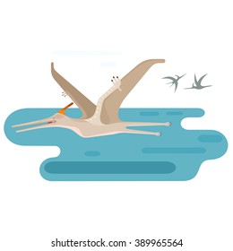 Large Pteranodon. Prehistoric flying dinosaur above blue ocean. Extinct animal. Small location useful for map or game. Flat vector illustration.