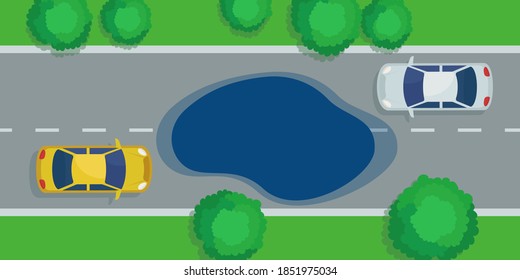 Un gran charco en la carretera hace que sea difícil para los vehículos moverse. Peligro en el camino de los charcos. Ilustración vectorial, diseño plano.