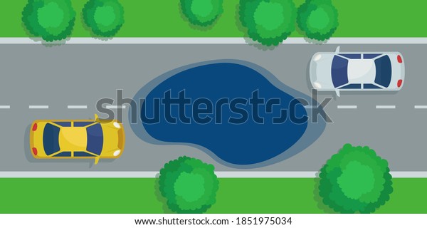 A large puddle on the road makes it difficult for\
vehicles to move. Danger on the road from puddles. Vector\
illustration, flat design.