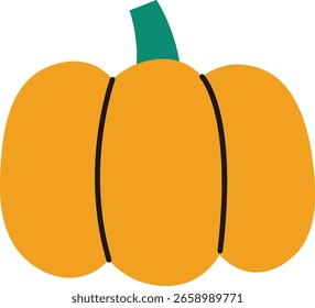 A large pumpkin with a green stem in a cartoon style and bold outlines. The pumpkin is depicted with simple shapes and a smooth finish. Cartoon vector illustration.