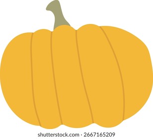 A large pumpkin with a short stem drawn in a cartoon style. The illustration depicts a round gourd with vertical grooves. Cartoon vector illustration.
