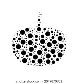 Ein großes Kürbis-Symbol in der Mitte, im Pointillismus-Stil. Das mittlere Symbol ist mit schwarzen Kreisen verschiedener Größen gefüllt. Vektorgrafik auf weißem Hintergrund