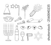 Large Purim symbols elements set in black and white. Vector Jewish holiday bundle in line ink style for coloring and festive packaging with for mask, raashan, menorah, cookies and Torah scroll