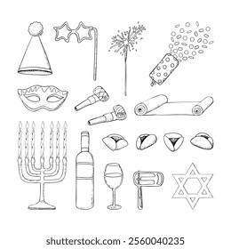 Large Purim symbols elements set in black and white. Vector Jewish holiday bundle in line ink style for coloring and festive packaging with for mask, raashan, menorah, cookies and Torah scroll