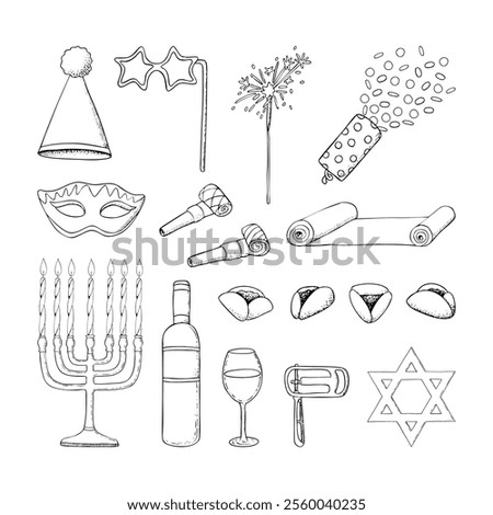 Large Purim symbols elements set in black and white. Vector Jewish holiday bundle in line ink style for coloring and festive packaging with for mask, raashan, menorah, cookies and Torah scroll