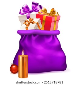 Large purple bag filled with various Christmas gifts. A lit candle is placed next to the bag.