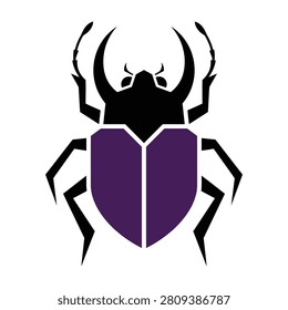 A large purple beetle with black horns and legs on a clean white background