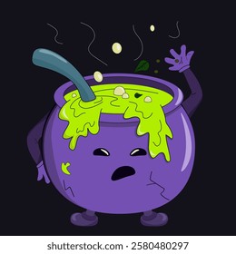 a large purple cauldron with arms and legs in which a green potion is brewed. green soup. a cauldron with a ladle that cooks in itself funny and funny stickers cauldron pot with potion mop and ladle