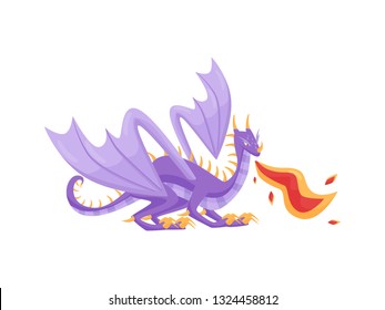 Large purple dragon breathing hot fire, side view. Mythical creature with big wings and long tail. Flat vector design