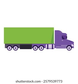 Large purple and green semi truck is driving to the right and transporting cargo in a big green trailer