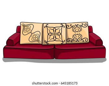 Large purple low sofa with beige pillows in patterns in Indian style stands on a white background eps 10 illustration