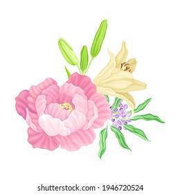 Large Purple Peony Flower Arranged with Garden Flora Vector Illustration