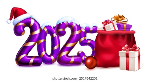 Large purple stylized number 2025 sprinkled with snow on top, with a festive Christmas design reminiscent of a candy cane, with Santa hat and bag of gifts, with soft shadow, on a white background.