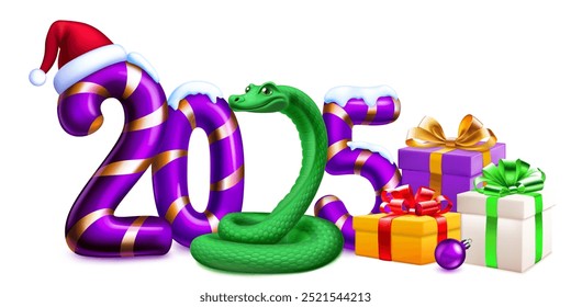Large purple stylized number 2025 sprinkled with snow on top with a festive Christmas candy cane design, with a green snake, a Santa hat and gift boxes, with soft shadows on a white background.